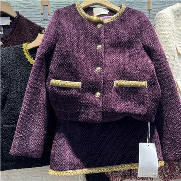 名媛風紫色套裝女2025新款重工釘珠圓領外套女高腰半身裙兩件套潮