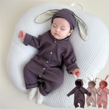 男女寶寶春秋ins兔耳朵連體衣外套嬰兒可愛哈衣爬服休閑外出抱衣