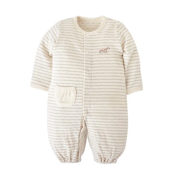 【SISSO有機棉】灰米大條紋二重織兩用式兔裝 12M