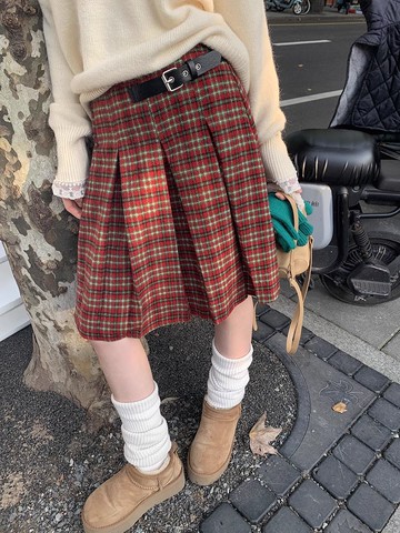 【臺灣公司 可打統編】免運 百褶裙 JK 學院風紅色格子毛呢半身裙女2024秋冬圣誕穿搭百褶裙高腰A字中裙 可開發票 全館五折 工廠現貨直銷 新品特價 z10079