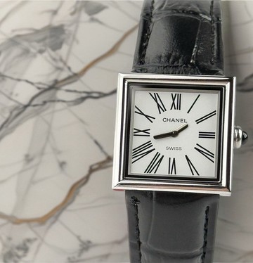 稀有中古Chanel Mademoiselle黑色石英古董錶 皮革帶 二手錶 女裝