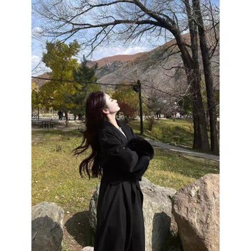 黑色雙面羊毛大衣女真狐貍毛袖口秋冬系帶高級感貴氣浴袍毛呢外套