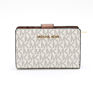 【Michael Kors】防刮皮革釦式滿版中夾-香草白駝