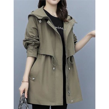 工裝風衣女中長款2024年春季裝新款寬松休閑時尚軍咖色連帽外套潮