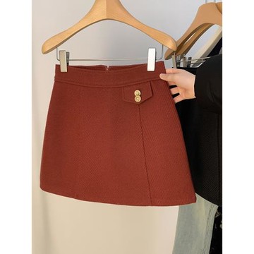 毛呢半身裙女夏季2025新款高腰純色加厚短裙遮胯顯瘦a字包臀裙子
