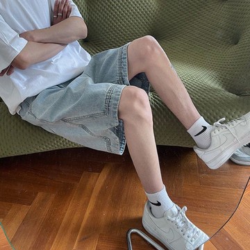 淺色牛仔短褲男港風ins五分褲夏季薄款外穿潮流闊腿褲子寬松直筒