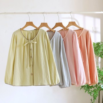 100%棉質睡衣女春秋季長袖上衣簡約休閒少女寬鬆雙層紗布家居服