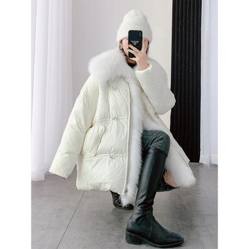 皮草羽絨服女中長款2023新冬百搭闊版大狐貍毛領面包加厚鵝絨外套