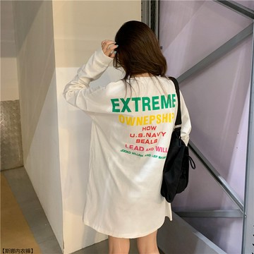 港風chic長袖T恤春秋胖MM大碼寬鬆慵懶風磨破中長款薄衛衣女