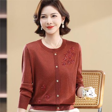 洋氣媽媽秋裝新款圓領針織衫40歲50中老年女裝春秋大碼毛衣打底衫