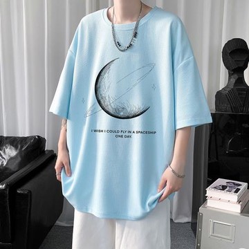 奶藍色t恤短袖男款夏季美式潮牌高街設計感華夫格月球大碼半截袖