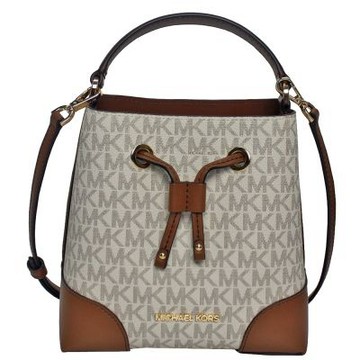 Michael Kors  滿版MK字母防刮皮革手提斜背兩用水桶包(米白/駝)