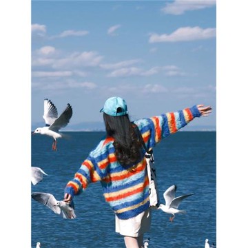 復古彩虹條紋v領毛衣外套女秋冬慵懶寬松針織開衫水貂絨加厚上衣