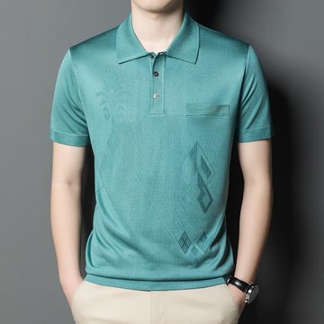 冰絲涼感短袖t恤男裝翻領滑料中老年半袖polo衫加肥加大碼爸爸裝