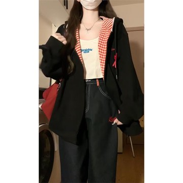 美式撞色格子開衫拉鏈外套女春秋2025新款爆款慵懶風寬松連帽衛衣