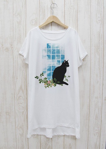 靜Standing Black Cat 連身T恤 窗邊NOON 白色 / R029-O-WH