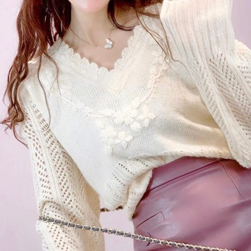 甜美V領手工繡花寬鬆慵懶針織衫毛衣 VINA扉娜【現】TOP2010134