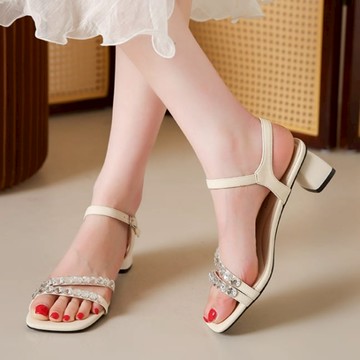 白鳥麗子 [現貨快出] 方頭鞋 韓風水鑽線條繞踝釦環高跟涼鞋