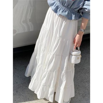 韓國chic春季復古時尚休閑簡約百搭高腰蛋糕裙大裙擺半身裙長裙女