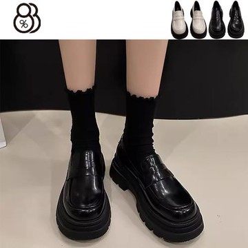 【88%】厚底小皮鞋 一腳蹬樂福鞋法式復古英倫風單鞋 學生皮鞋 2色