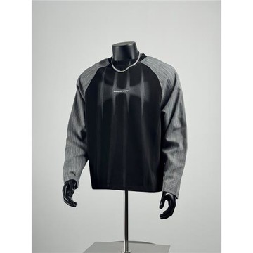 美式潮牌設計感印花圓領衛衣男撞色條紋拼接百搭外套休閑寬松上衣