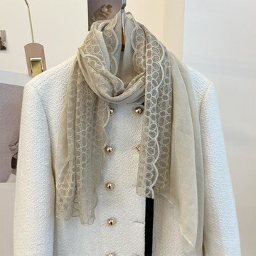 知性優雅蕾絲拼接棉麻圍巾女春秋季薄款紗巾百搭洋氣時尚圍脖絲巾
