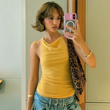 歐美跨境夏季短款女裝純色無袖掛脖系帶蕩領露背性感百搭修身上衣