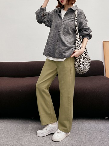 純棉高腰調節釦直筒九分長褲