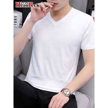 純棉冰絲男士短袖t恤春夏裝男裝上衣服白色純色潮牌打底衫體桖V領