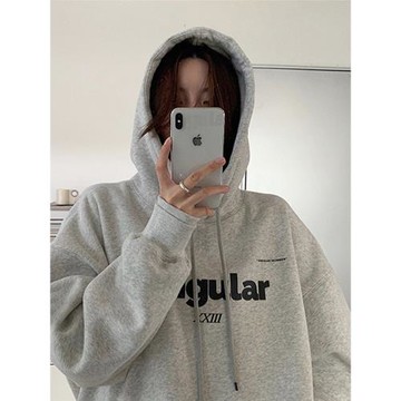 灰色連帽衛衣女秋冬美式寬松設計感加絨加厚oversize慵懶潮牌上衣