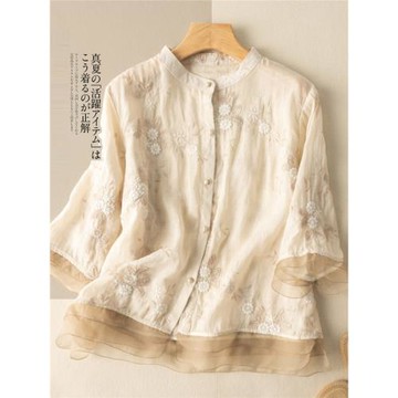 國風復古高端重工刺繡苧麻襯衫女洋氣減齡歐根紗拼接氣質棉麻上衣