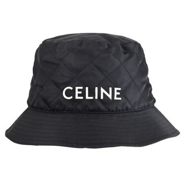 CELINE 燙印LOGO菱格紋撞色尼龍漁夫帽(黑/橘)