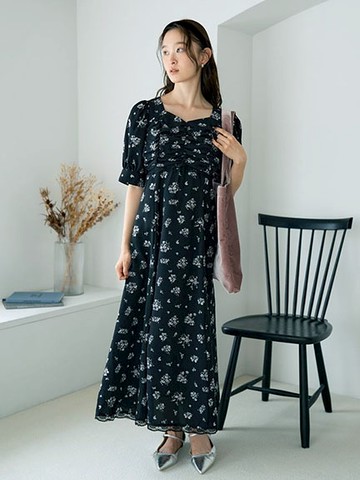 復古碎花打印高腰剪裁短袖洋裝(01000695200) - earth music&ecology