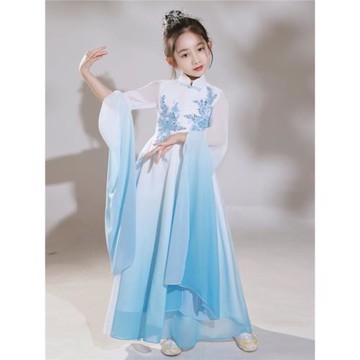 女童漢服夏中大童飄逸水袖兒童古箏古裝超仙演出服長笛古典舞表演
