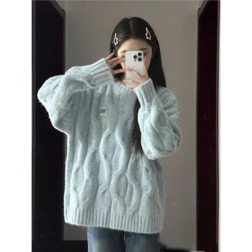 韓系麻花圓領毛衣女秋冬季奶fufu寬松外穿高級感加厚針織衫上衣潮