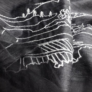 母親節禮物 原創新國風刺繡山水線條畫 真絲羊毛輕紗圍巾 (科技月