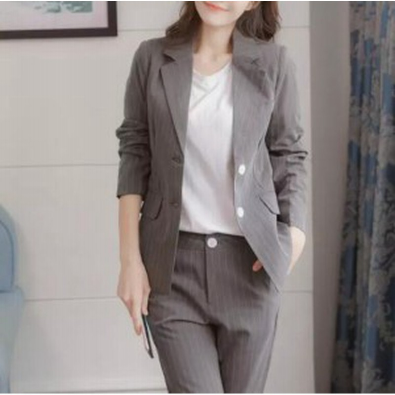 ストライブ柄 エレガント スーツ レディース ジャケット ロングパンツ パンツスーツ 通勤ol お呼ばれ グレー 2点セット 通販 Lineポイント最大1 0 Get Lineショッピング