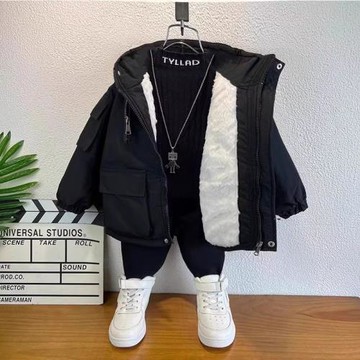 兒童加絨棉衣外套2024新款男孩冬款派克服中小童加厚男童冬裝棉服