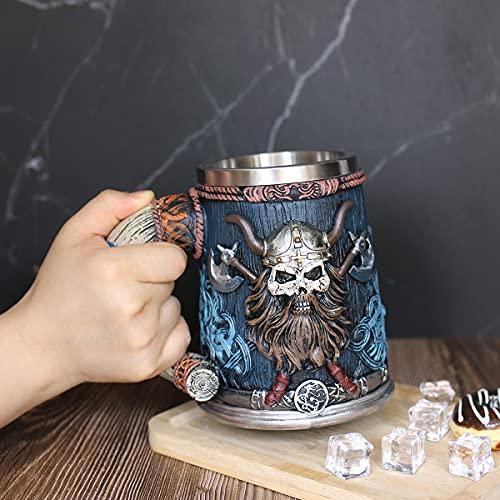 OTARTU Valhalla Viking Stainless Steel Single Handle Horn Skull Beer Stein Cup、Nordic Viking Warrior Skull Mug Tankard 17 oz、Halloween Bar Drin