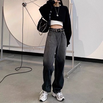 夏季薄款漸變黑灰牛仔褲女年新款設計感顯瘦直筒寬松牛仔長褲