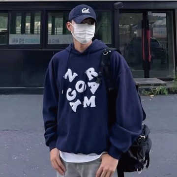 【AMERO】男裝 女裝 長袖連帽Ｔ恤 毛巾繡英文字 寬鬆版型 落肩 情侶裝