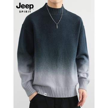 (免運)吉普官方漸變色毛衣男士秋冬季加絨潮流打底針織衫寬松半高領線衣