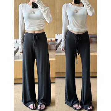 (免運)2025冬季新品糯米微喇叭直筒褲子顯瘦垂感寬松窄版闊腿針織褲女灰