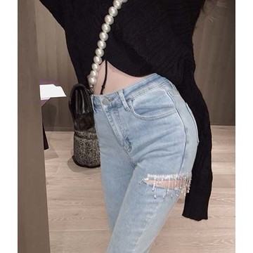 閃鉆鏈條高腰修身牛仔褲女顯瘦秋冬新款彈力破洞緊身小腳褲潮