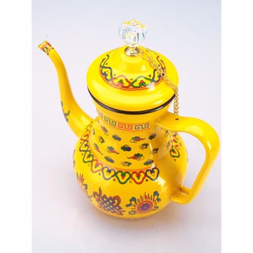 藏式牛馬牌八吉祥茶壺沖黃色敬水細壺餐具酥油具西藏民族特色搪瓷
