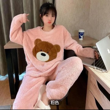 特大碼小熊睡衣女春秋冬加厚加絨可愛珊瑚絨家居服兩件套【步行者戶外生活館】【