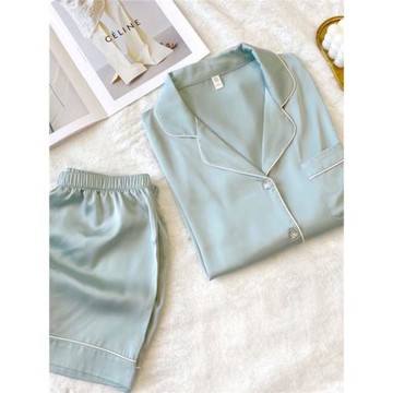 ins簡約純色冰絲睡衣女夏2025新款短袖粉色輕奢高級感家居服套裝