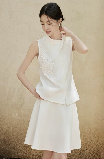 新中式復古 萊賽爾亞麻釘珠無袖上衣 短裙套裝