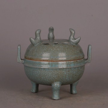宋 汝窯天青釉雙耳三足鏤空香爐 仿宋代舊貨做舊瓷器古玩家居收藏