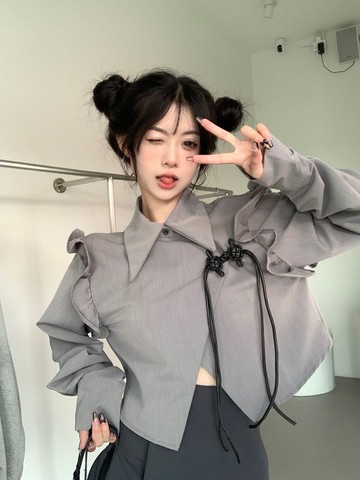 短款上衣荷葉邊長袖短外套寬松遮肉顯瘦不規則甜辣妹設計感上衣女春季新款